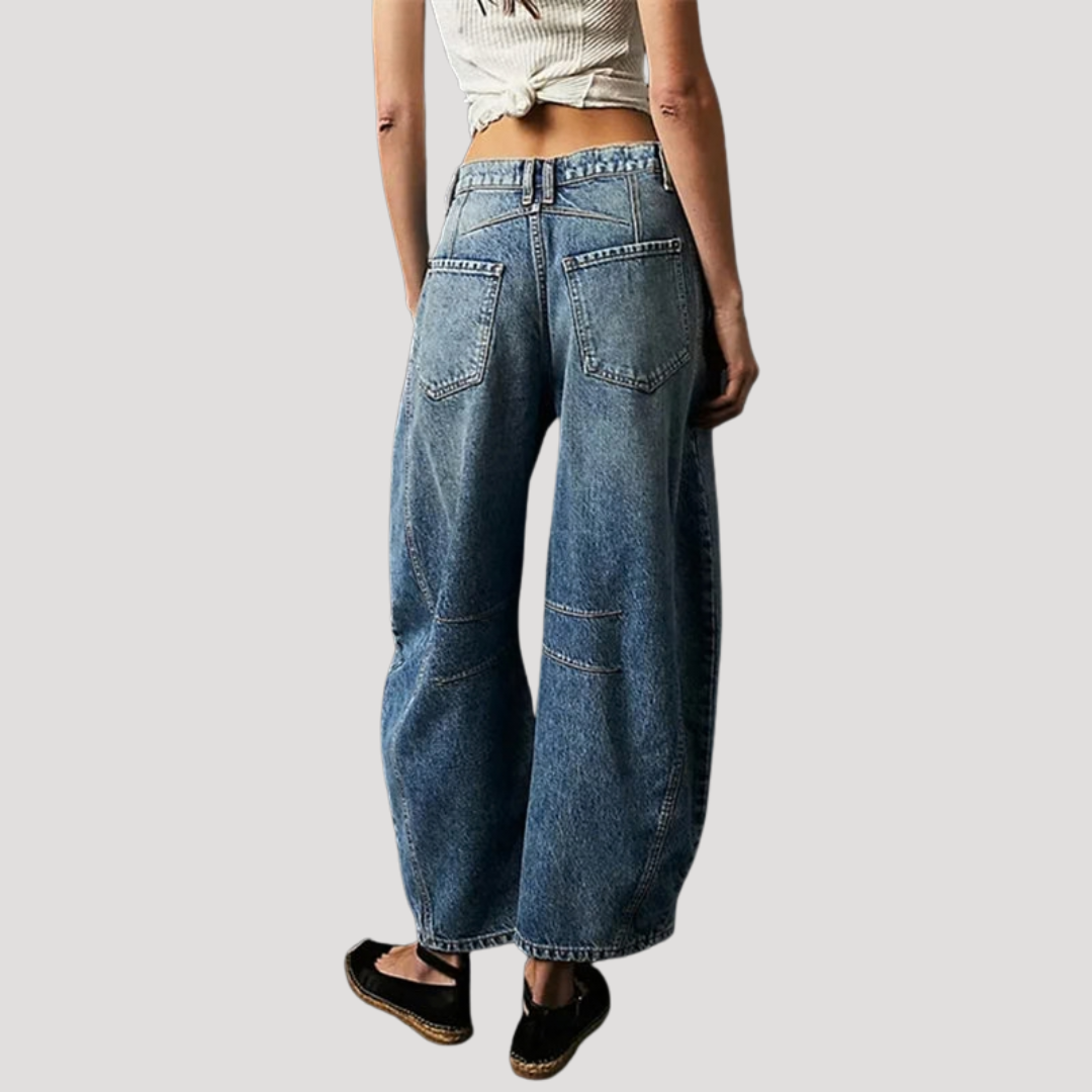 Barrel leg jeans showing cropped ankle length
