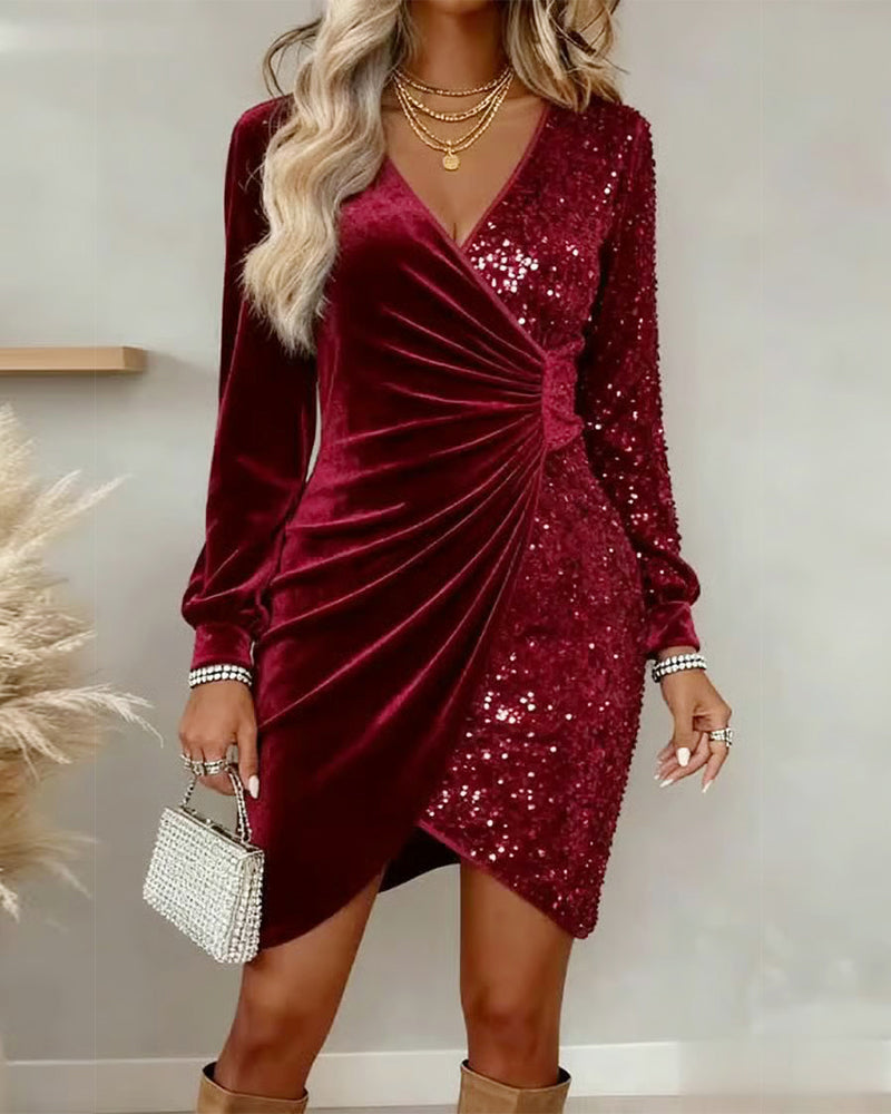 Long sleeve sequin and velvet wrap mini dress, back view