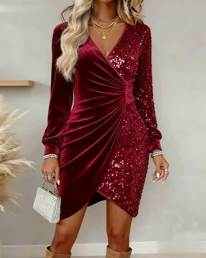 Long sleeve sequin and velvet wrap mini dress, back view