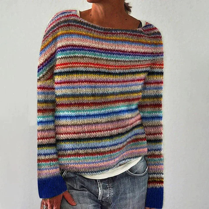 Ellowyne rainbow striped crewneck sweater for women