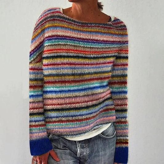 Ellowyne rainbow striped crewneck sweater for women