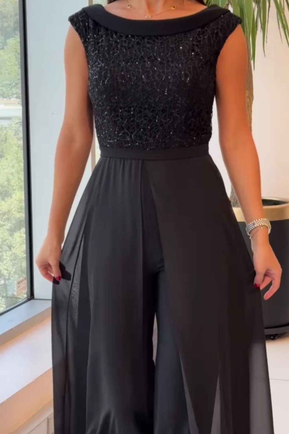 Black sequin jumpsuit, view 2