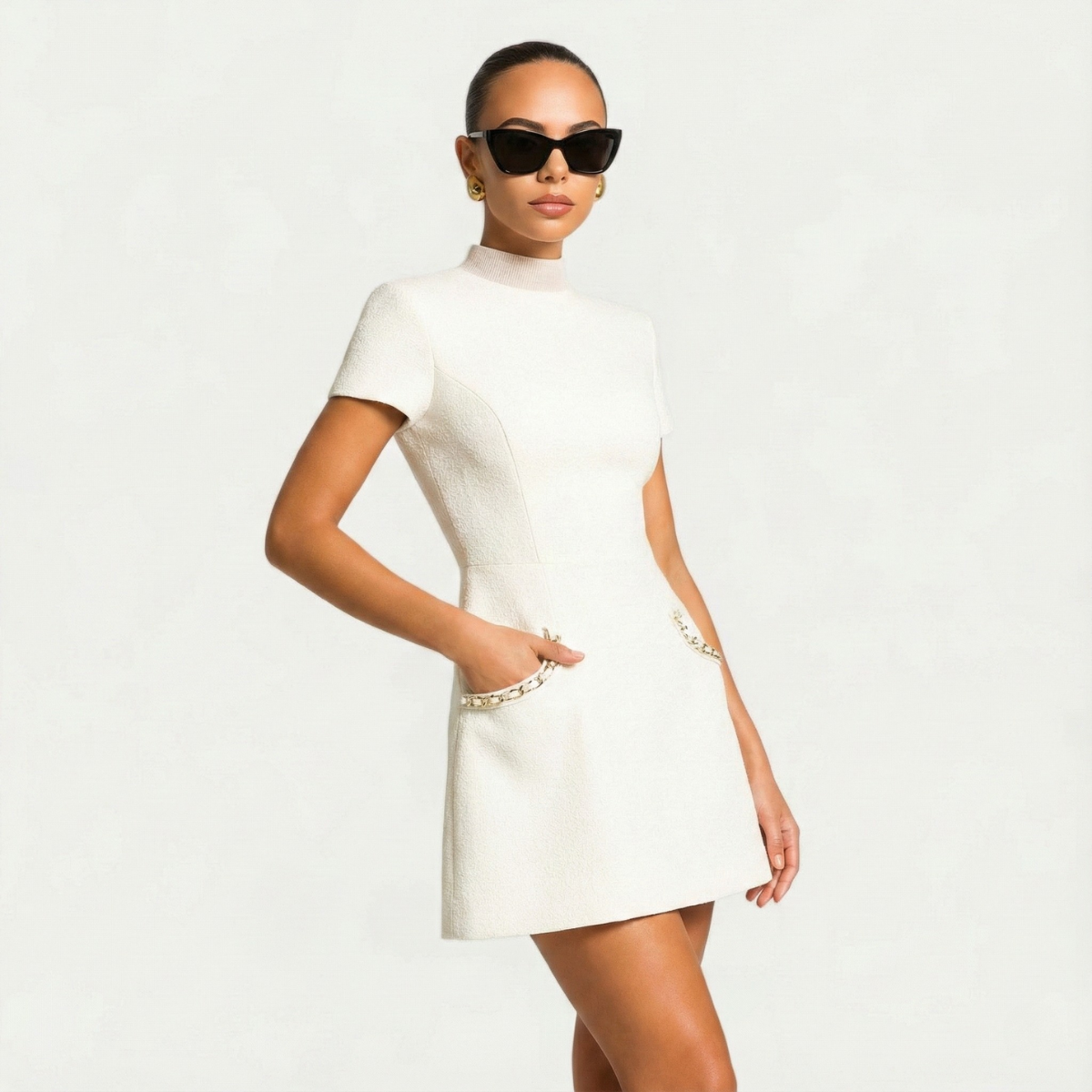 Pearl trim cocktail mini dress with pockets, detail of the waist