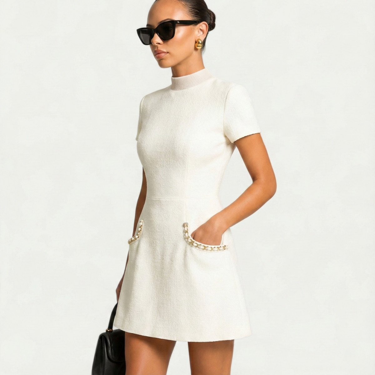 Pearl trim cocktail mini dress with pockets, full-length view