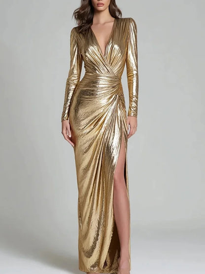 Dorinda metallic wrap maxi dress in gold, front view