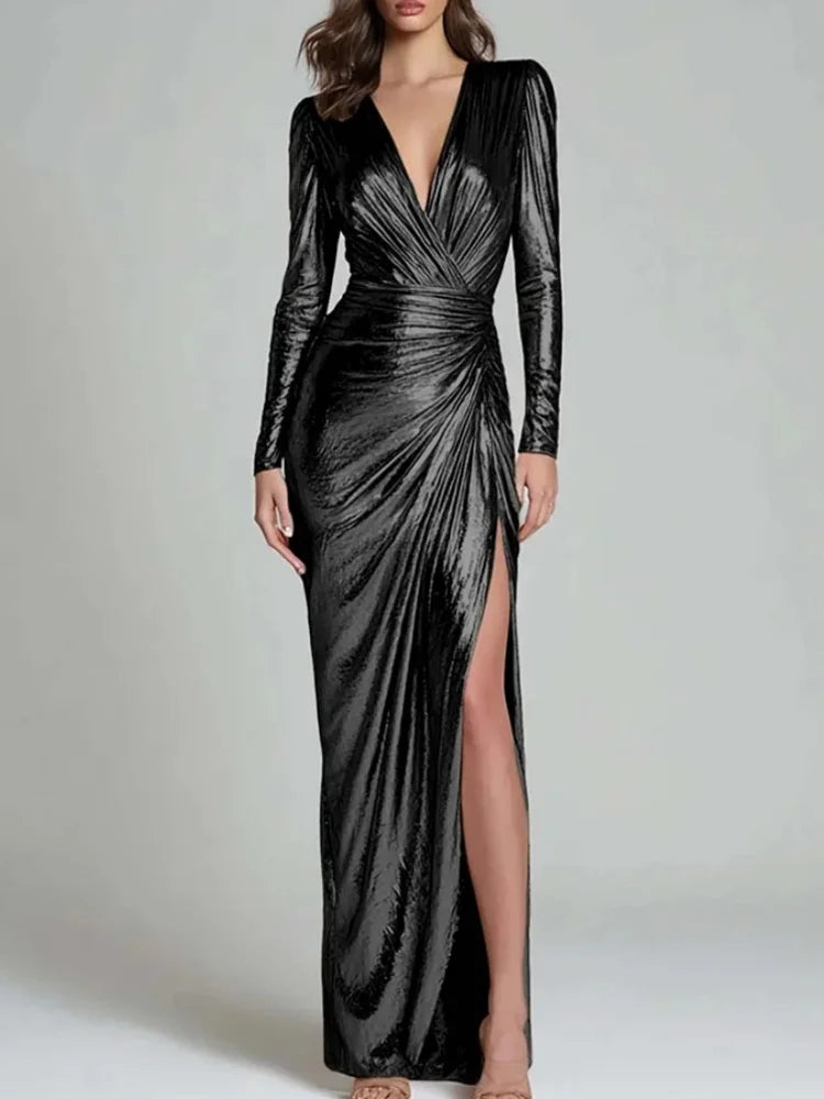 Metallic wrap maxi dress in black