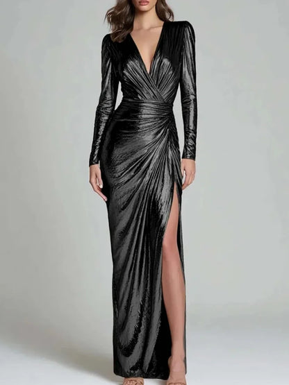 Metallic wrap maxi dress in black