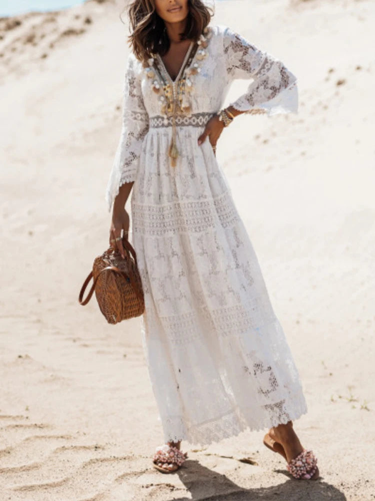 Daria | V-Neck Long Sleeve Lace Tiered Maxi Dress