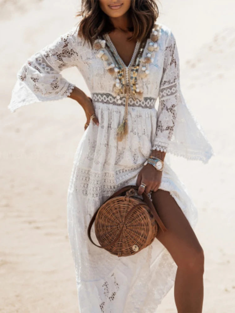 Daria | V-Neck Long Sleeve Lace Tiered Maxi Dress