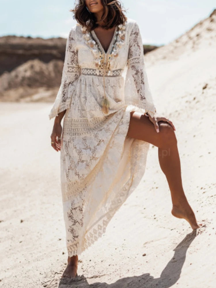Daria | V-Neck Long Sleeve Lace Tiered Maxi Dress