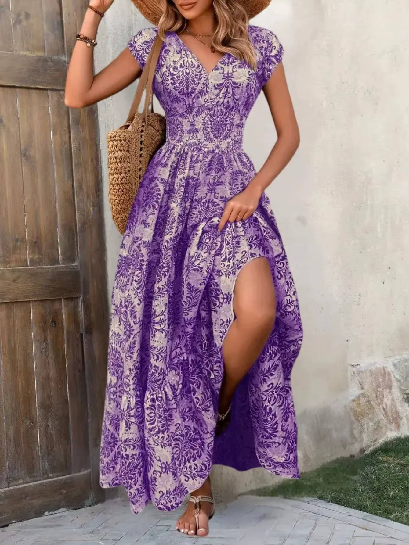 Solenne | Smocked Boho Print Tiered Maxi Dress