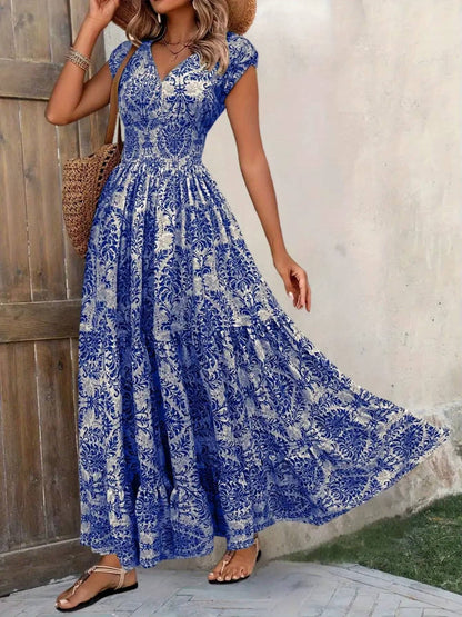Solenne | Smocked Boho Print Tiered Maxi Dress