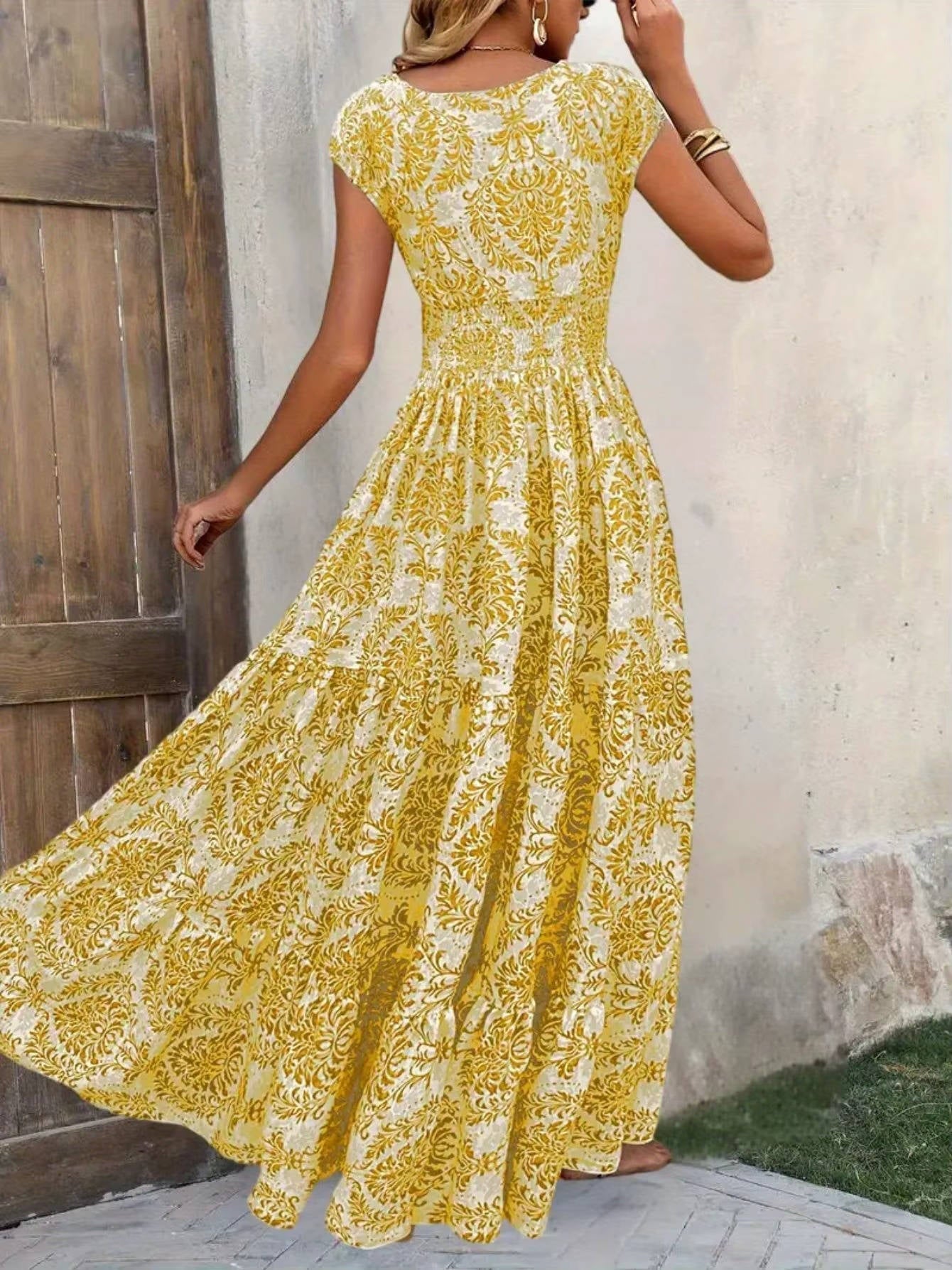 Solenne | Smocked Boho Print Tiered Maxi Dress