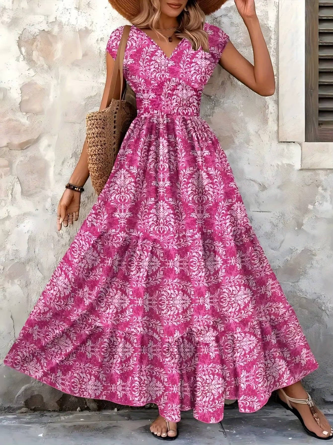 Solenne | Smocked Boho Print Tiered Maxi Dress