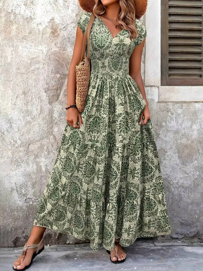 Solenne | Smocked Boho Print Tiered Maxi Dress