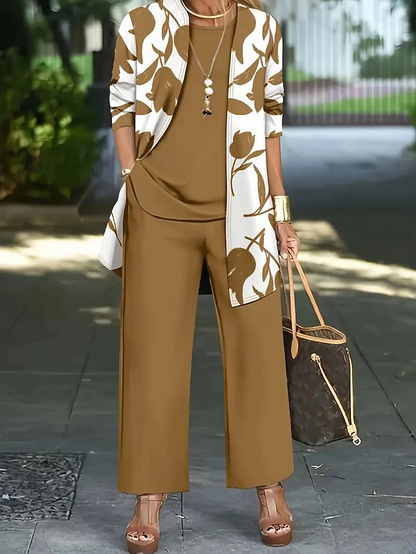 Floral three-piece trouser set with open layer, front view