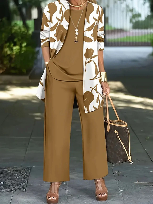 Floral three-piece trouser set with open layer, front view