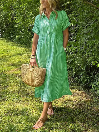 Button-up striped midi dress with gathered waist