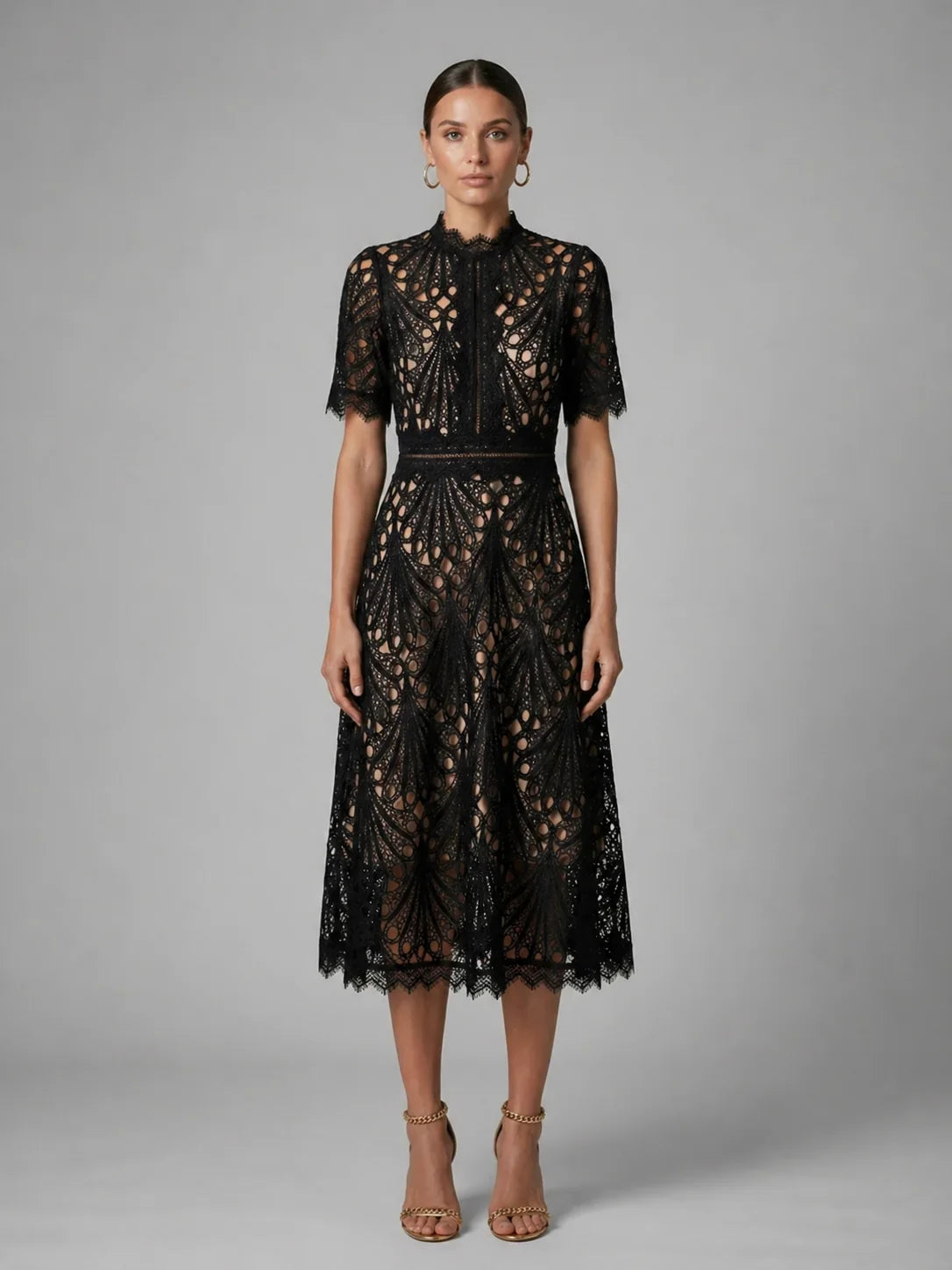Edith high neck lace A-line midi dress in black
