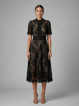 Edith high neck lace A-line midi dress in black