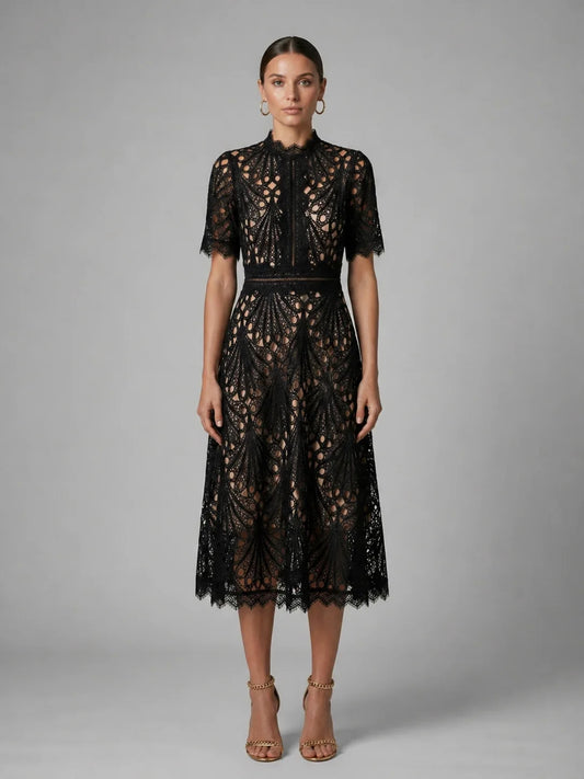 Edith high neck lace A-line midi dress in black