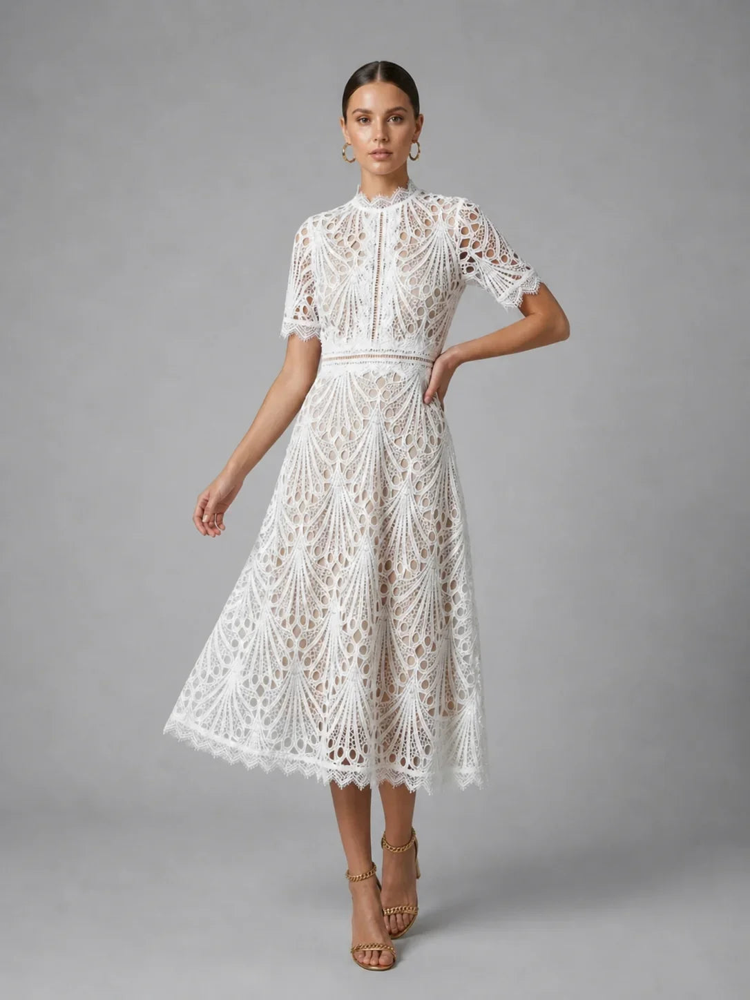 High neck lace A-line midi dress in white