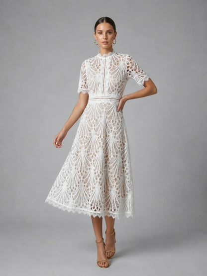 High neck lace A-line midi dress in white