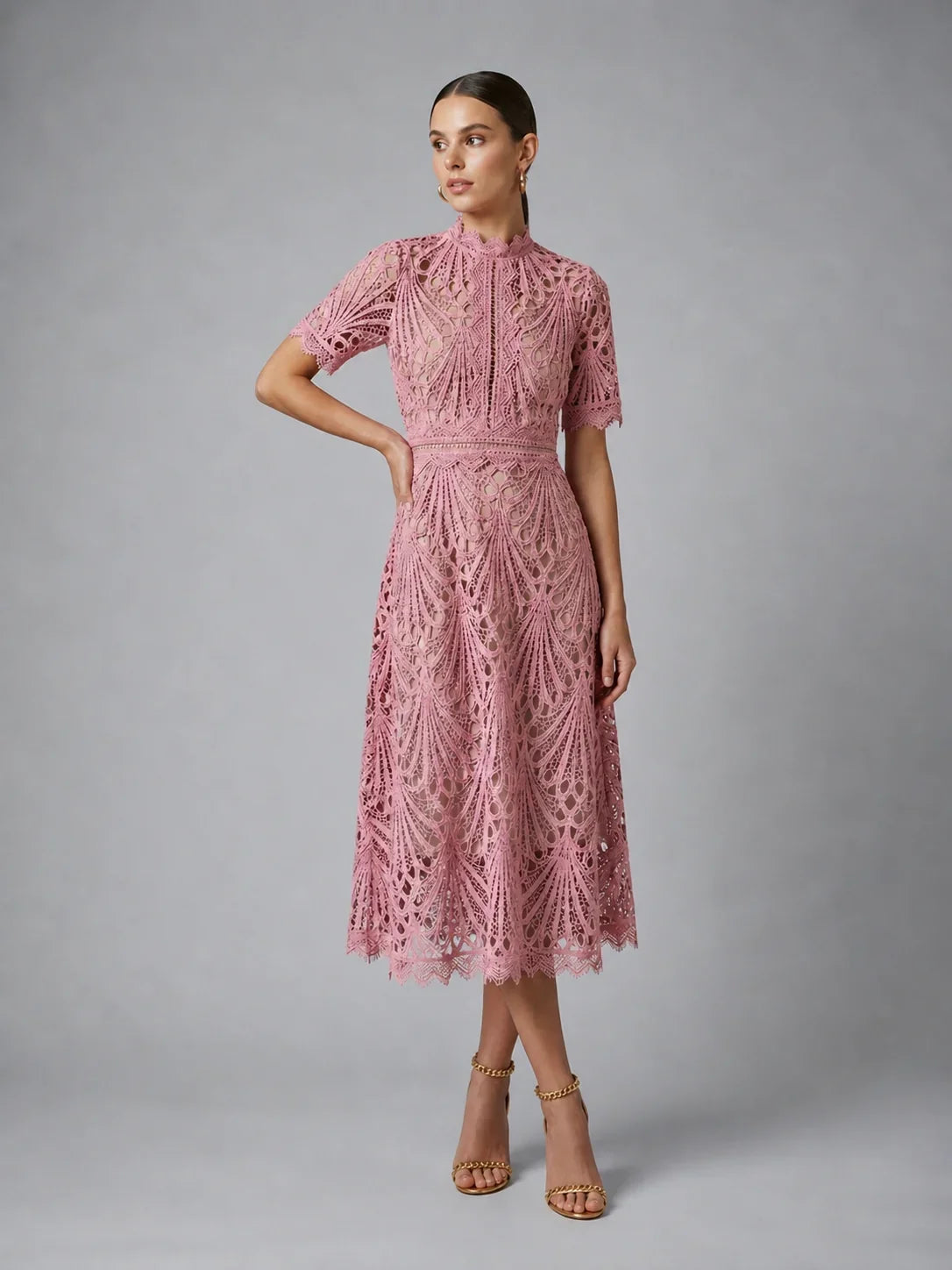 High neck lace A-line midi dress in pink