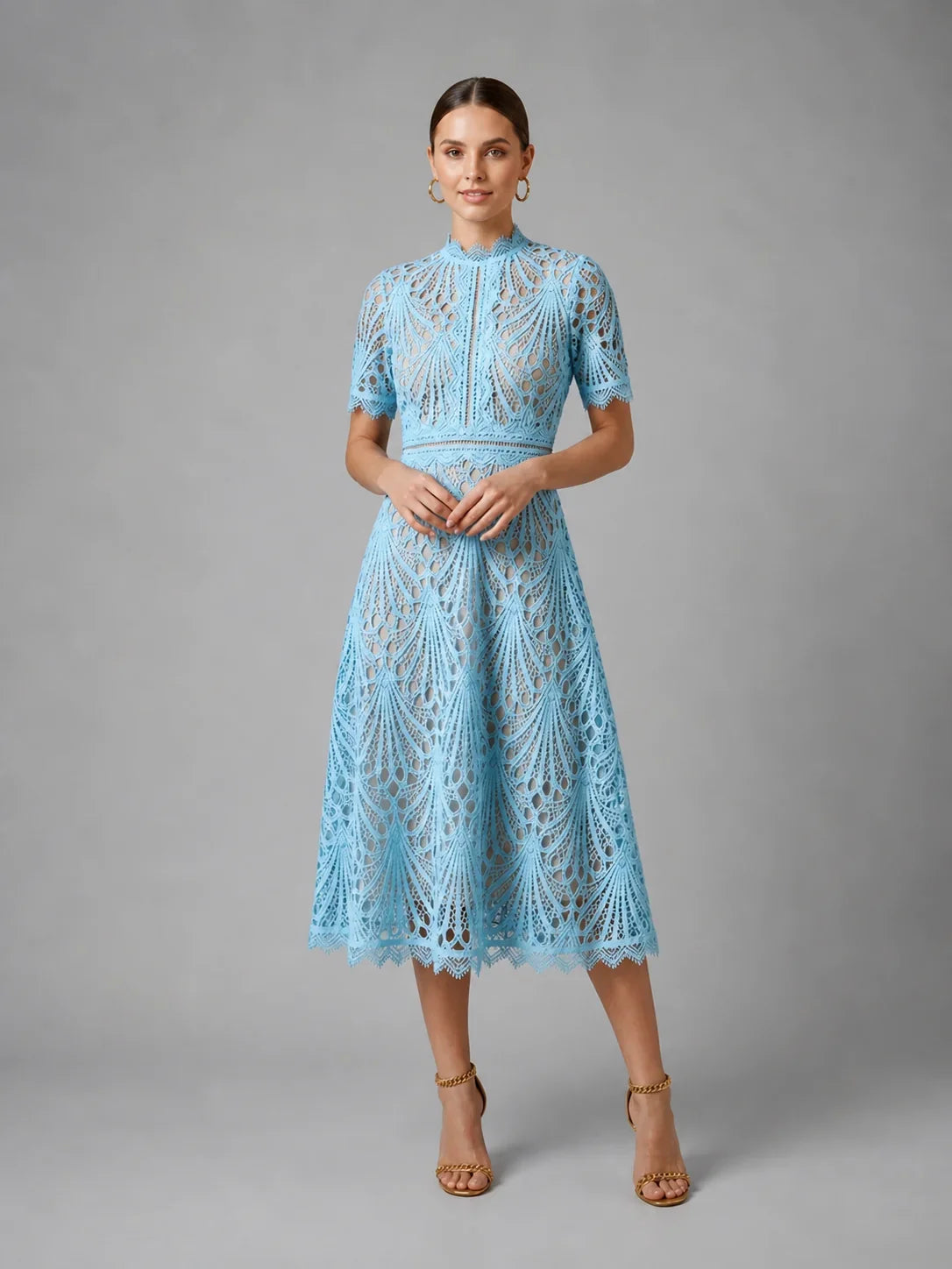 High neck lace A-line midi dress in light blue