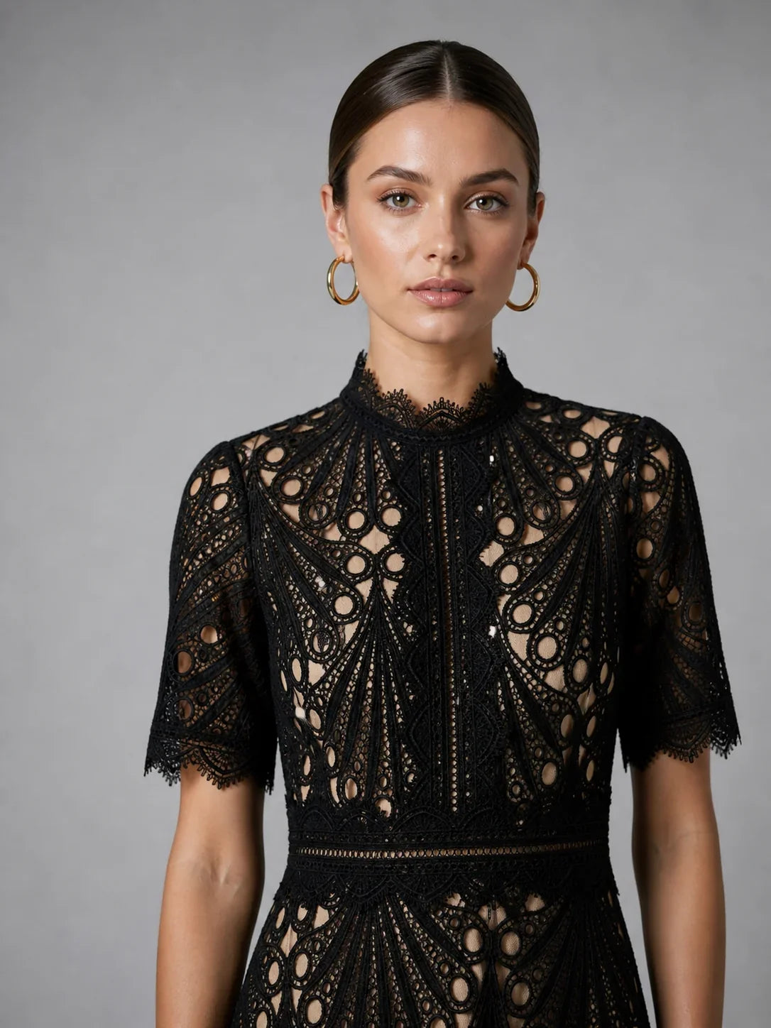High neck lace A-line midi dress, detail of the waist