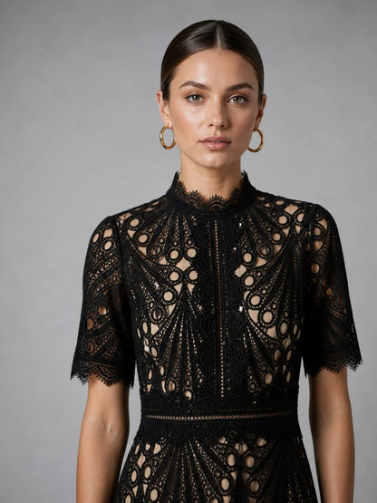 High neck lace A-line midi dress, detail of the waist