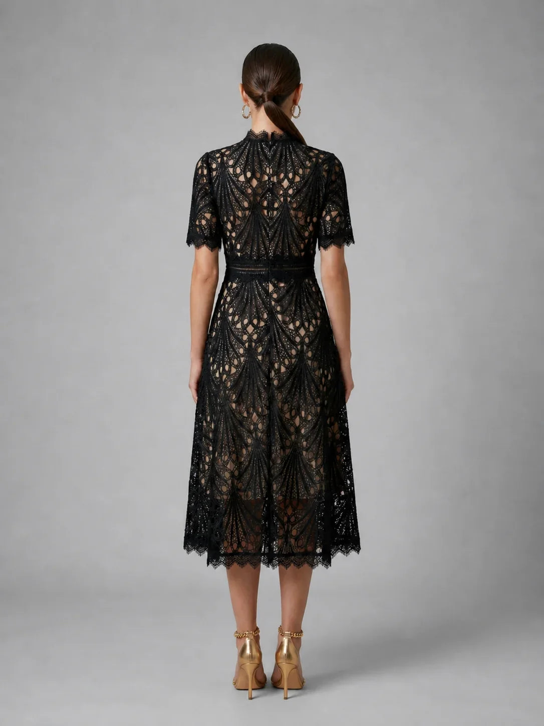 High neck lace A-line midi dress, full-length view