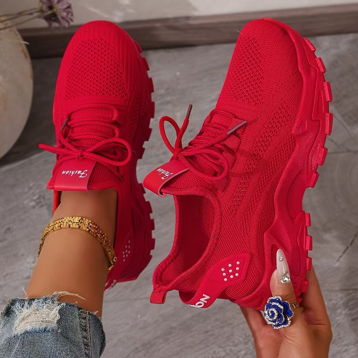 Chunky sole lace-up mesh sneakers, back view