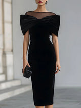 Hesper women's velvet-bow sheer-neckline cocktail midi dress