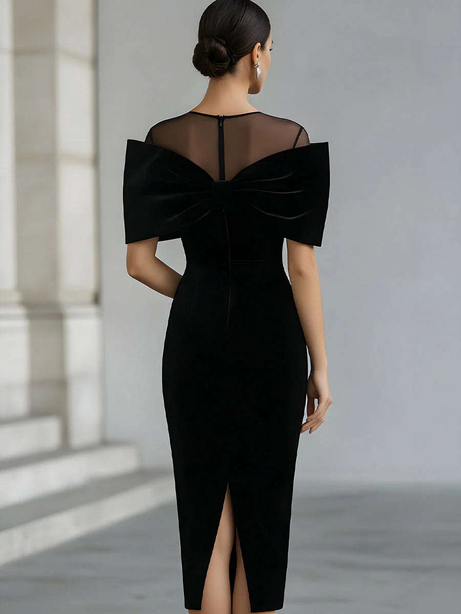 Hesper women's velvet-bow sheer-neckline cocktail midi dress
