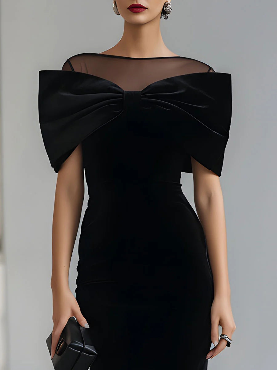 Hesper women's velvet-bow sheer-neckline cocktail midi dress