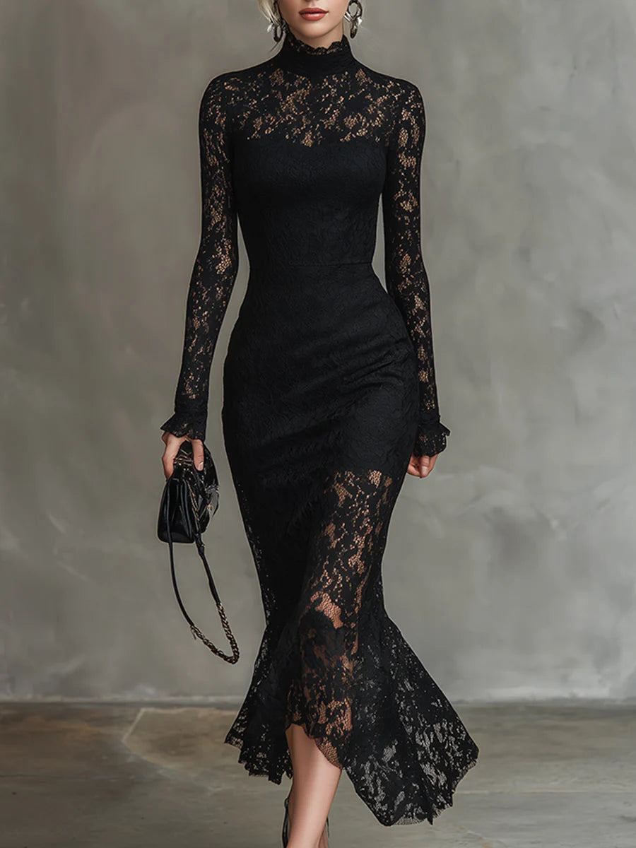 Elvienne women's long-sleeve lace fishtail maxi dress