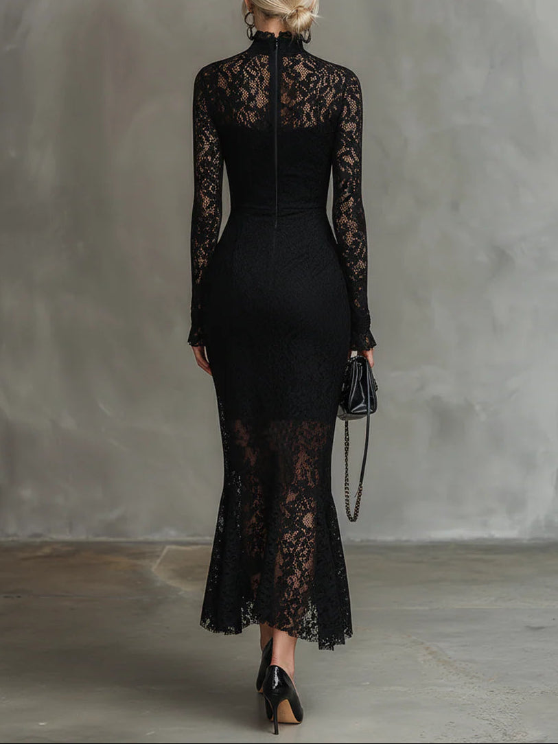 Elvienne women's long-sleeve lace fishtail maxi dress
