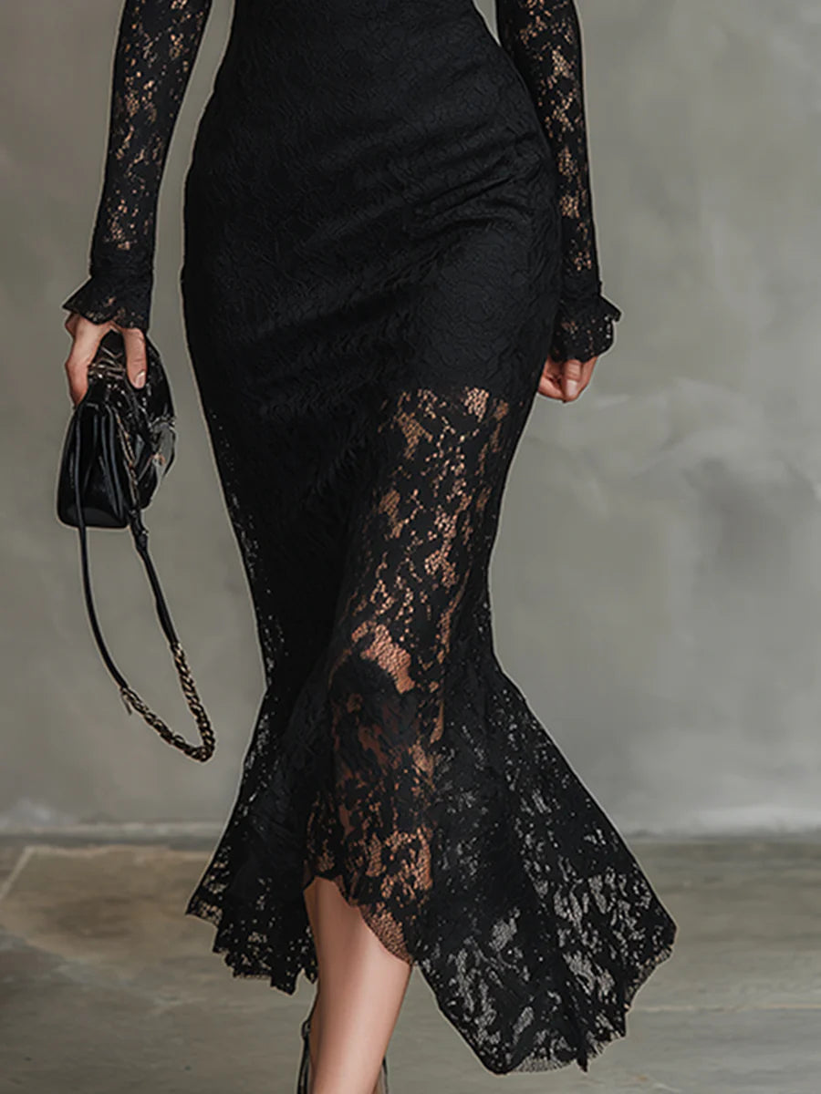 Elvienne women's long-sleeve lace fishtail maxi dress