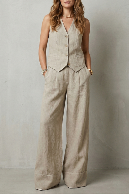 Elma tailored button-front vest and wide-leg trouser set, front view