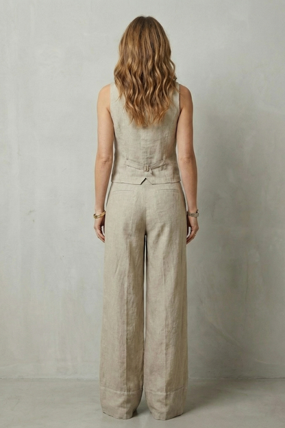 Tailored button-front vest and wide-leg trouser set, side view