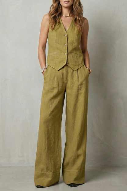 Tailored button-front vest and wide-leg trouser set, back view