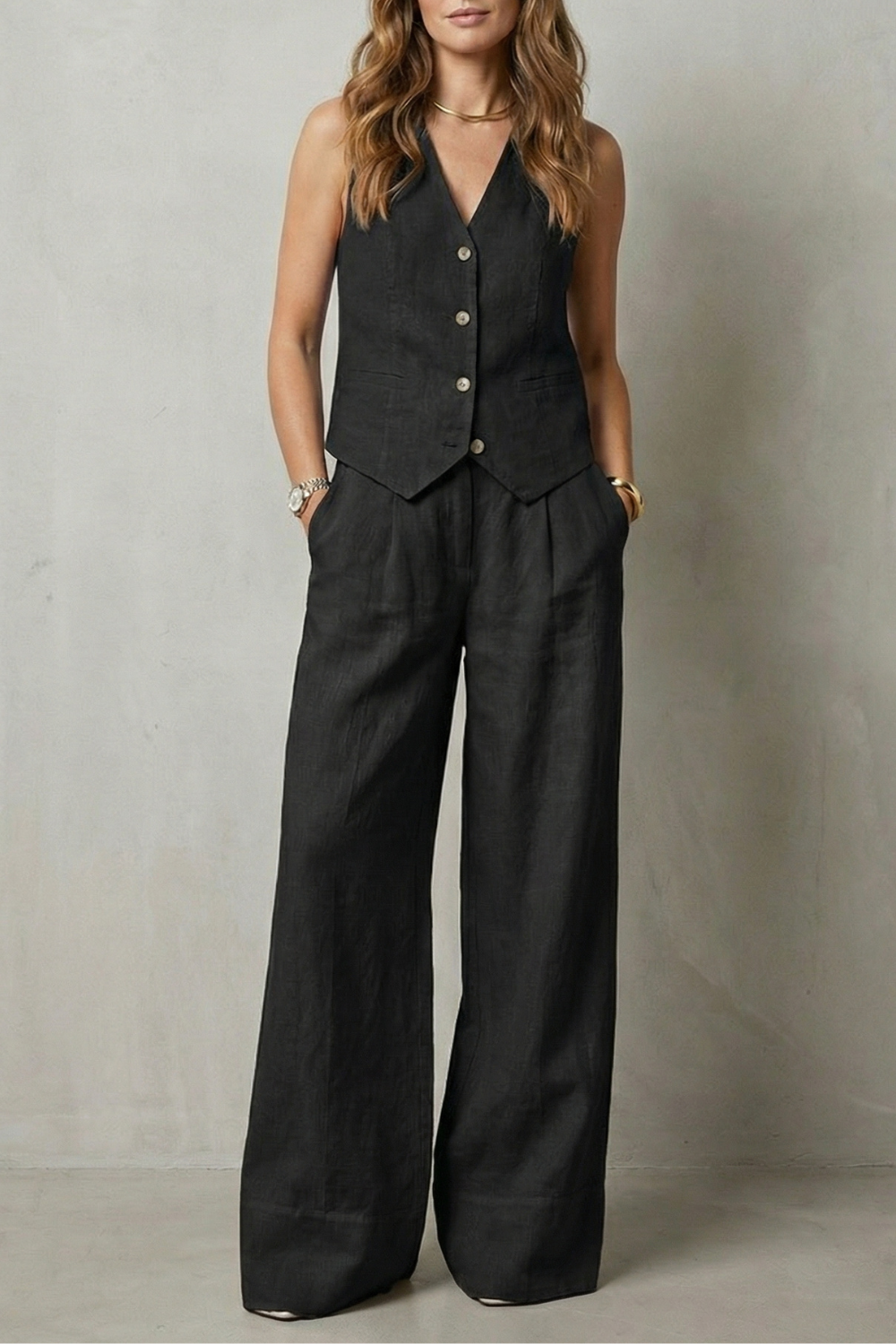 Tailored button-front vest and wide-leg trouser set, detail of the vest