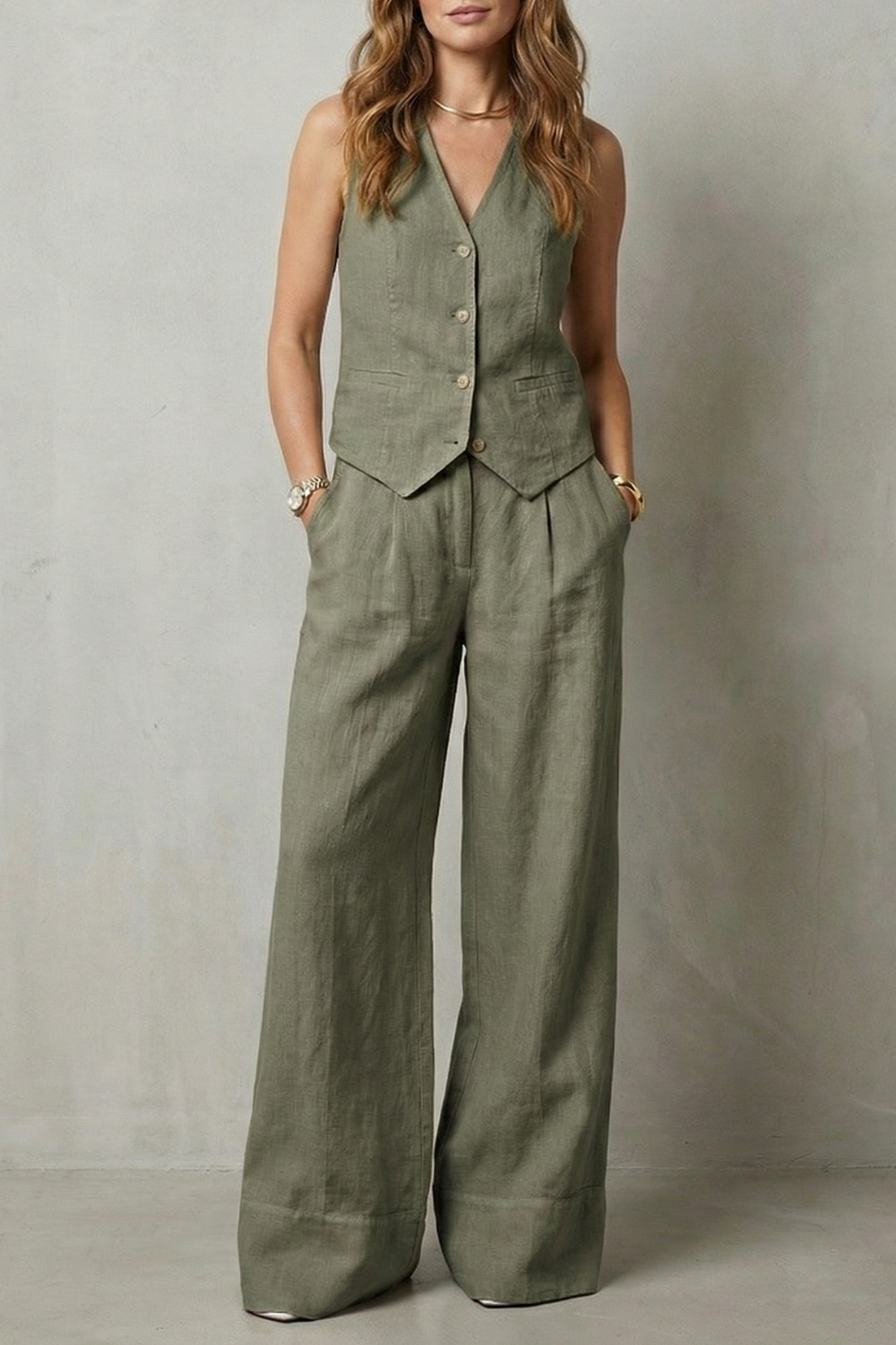 Tailored button-front vest and wide-leg trouser set, detail of the trousers