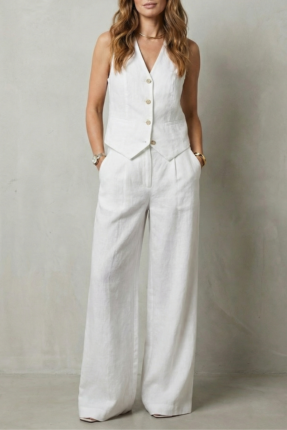 Tailored button-front vest and wide-leg trouser set, close-up of the fabric