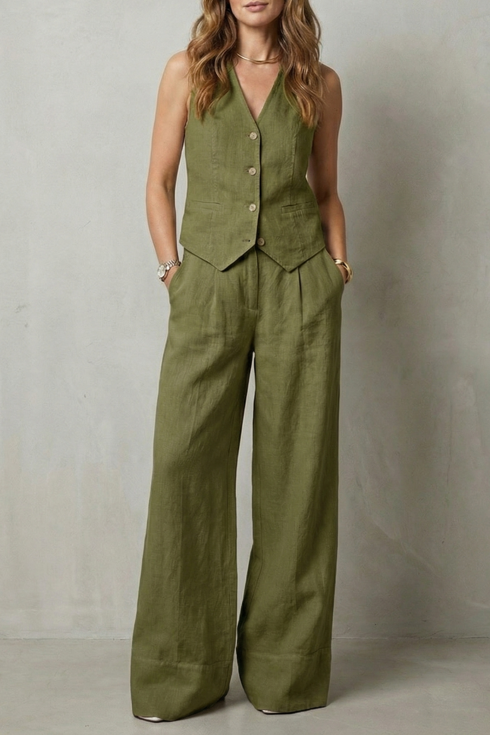 Tailored button-front vest and wide-leg trouser set, full-length view