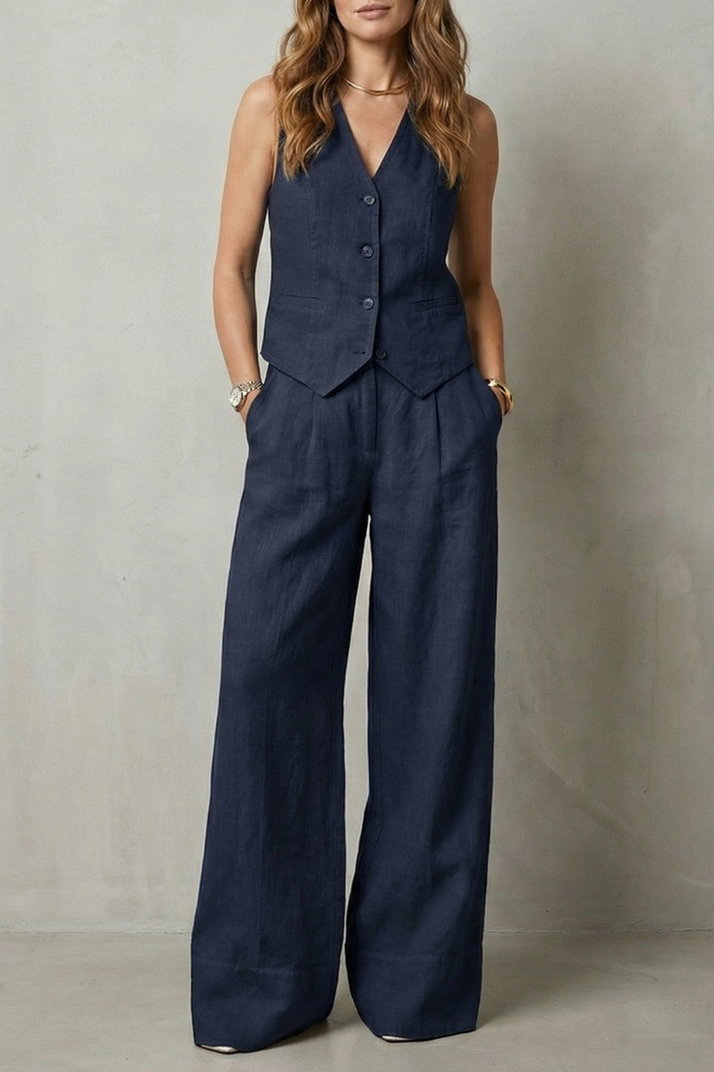Tailored button-front vest and wide-leg trouser set, styled view