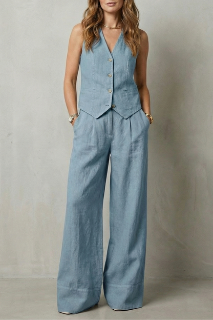 Tailored button-front vest and wide-leg trouser set, detail view