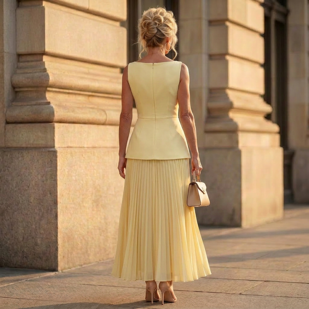 Sleeveless peplum top and pleated maxi skirt set, back view