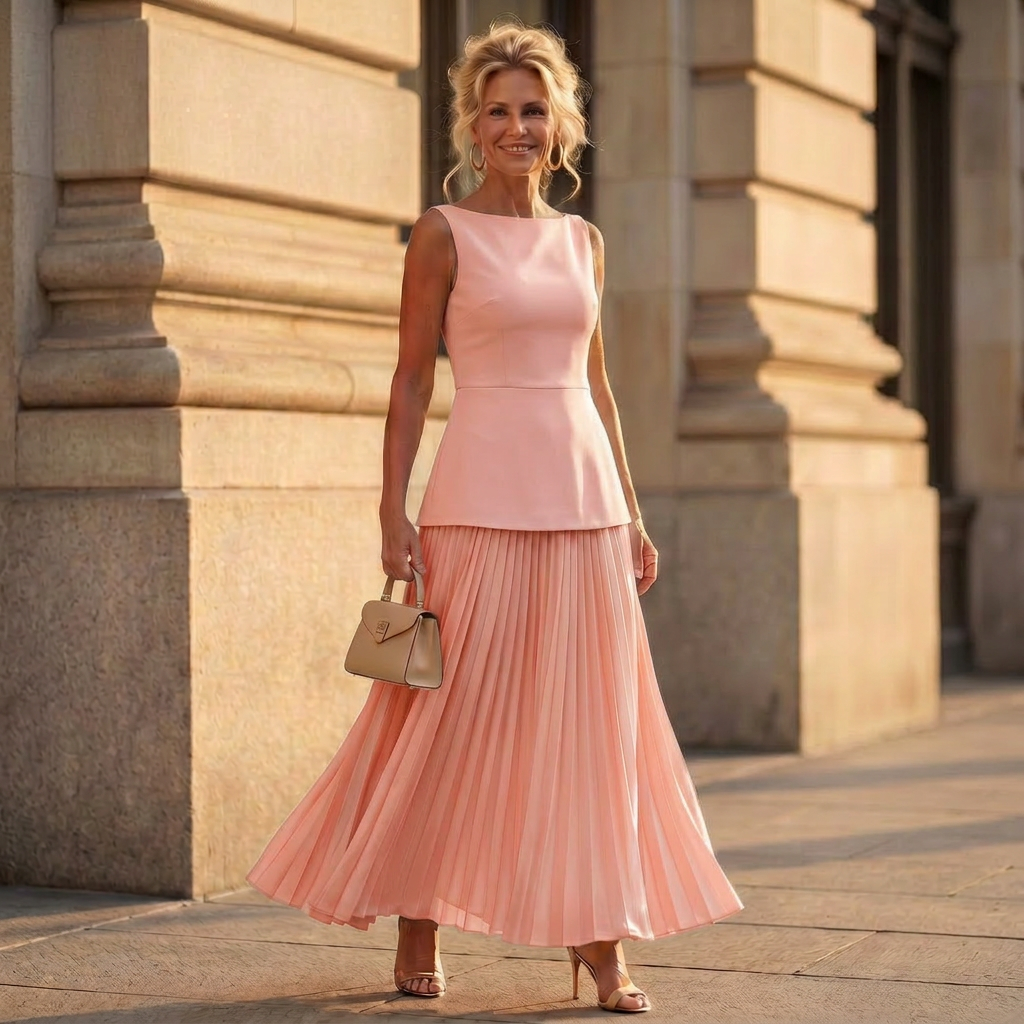 Sleeveless peplum top and pleated maxi skirt set, styled view